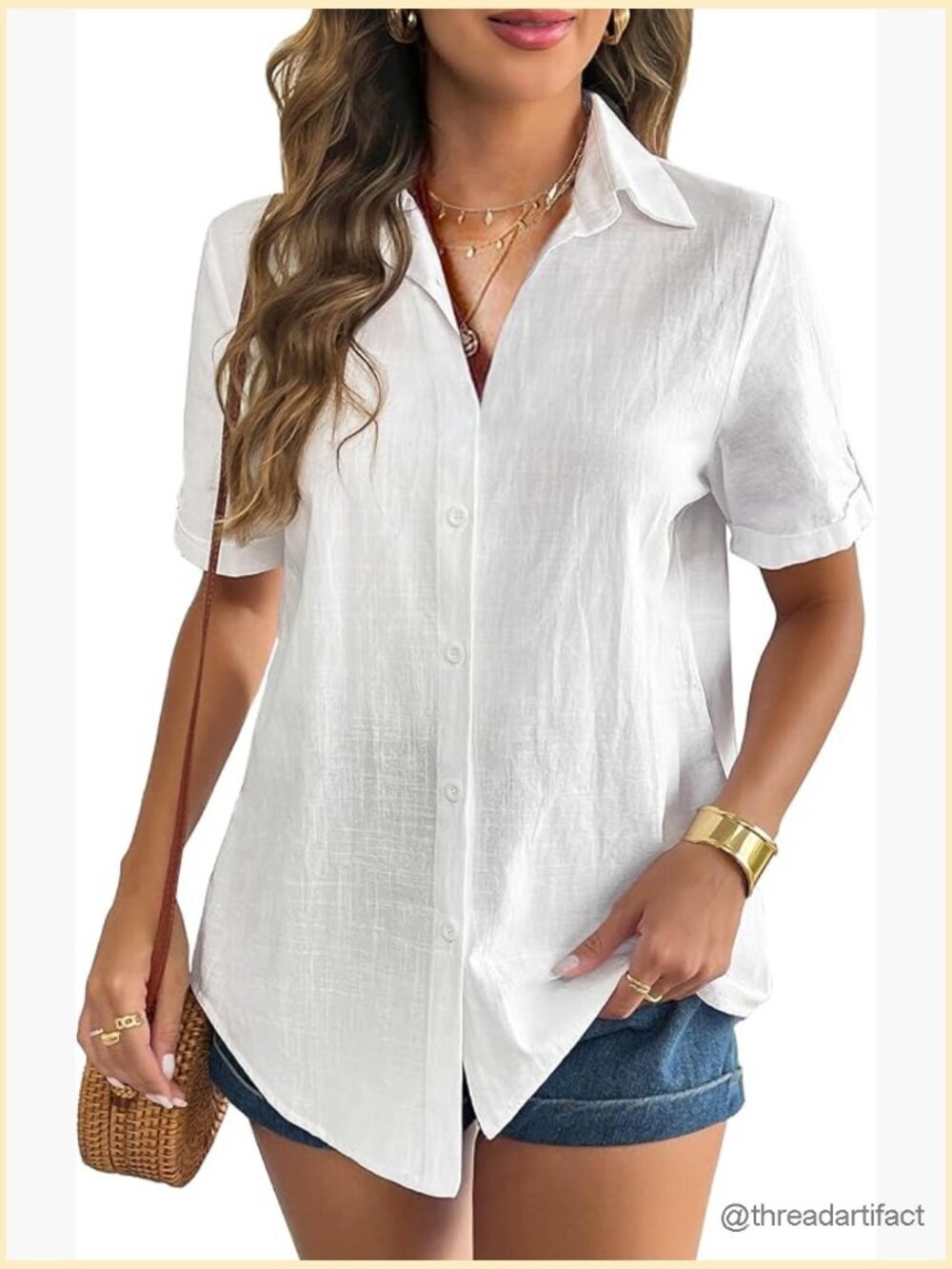 Women Linen Button Down Blouse Short Sleeve V Neck Casual Tunic Top